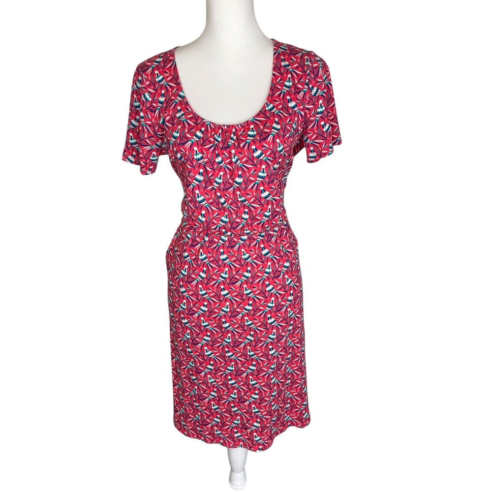 Boden Bird Print Elspeth Jersey Dress Pink Blue Short Sleeve Cotton Modal US 8R - Picture 2 of 9